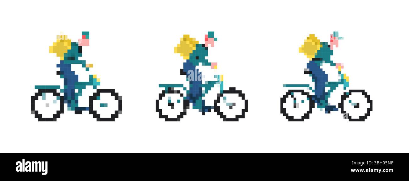 Mosaic pixel art of cyclist with backpack in motion captured in three ...