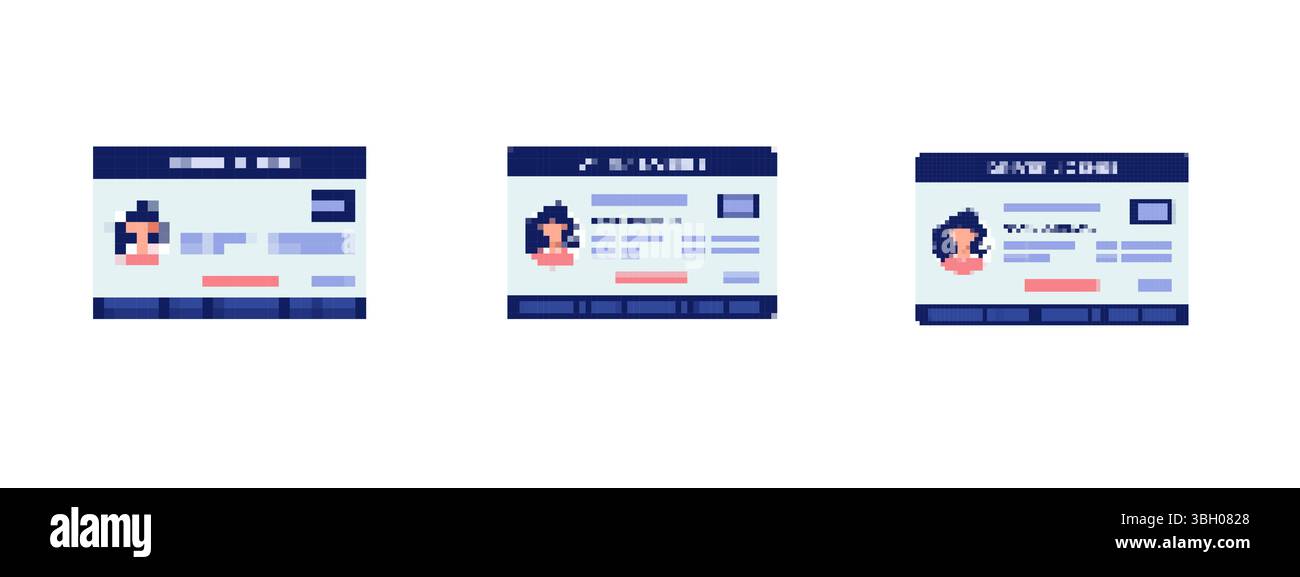 Pixel mosaic id designs with blue headers and various information ...