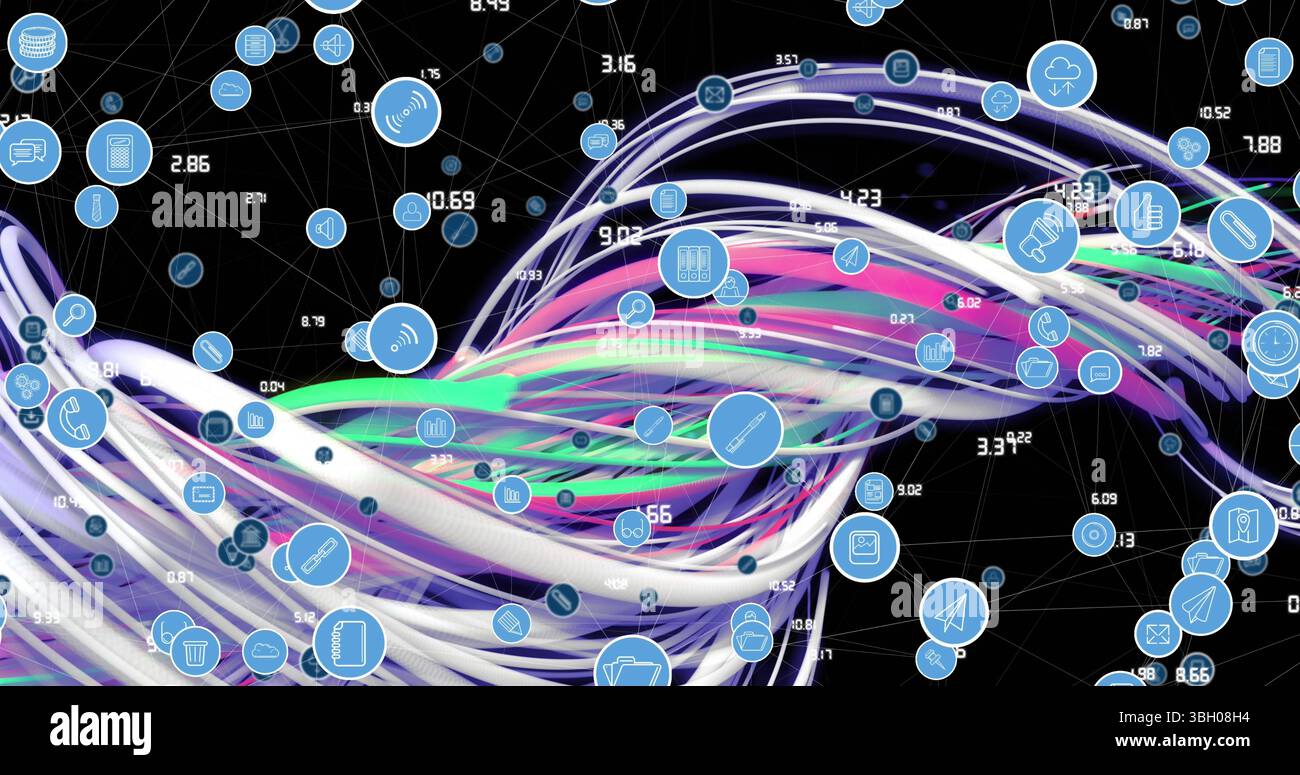 Weaving colorful ribbons streaming through data network space, showing ...