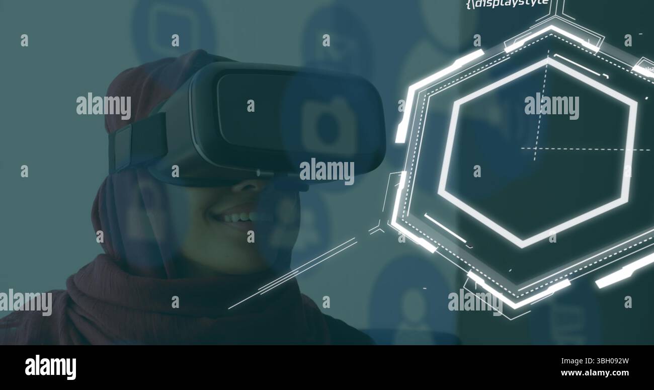 Image of chemical formulas over middle eastern woman in vr headset Stock Photo