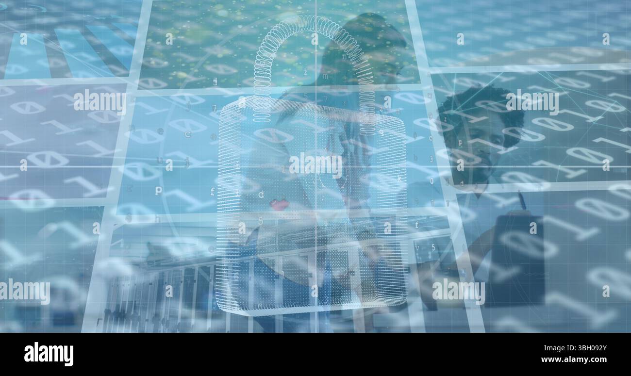 Image of digital padlock and binary code over diverse coworkers in office Stock Photo