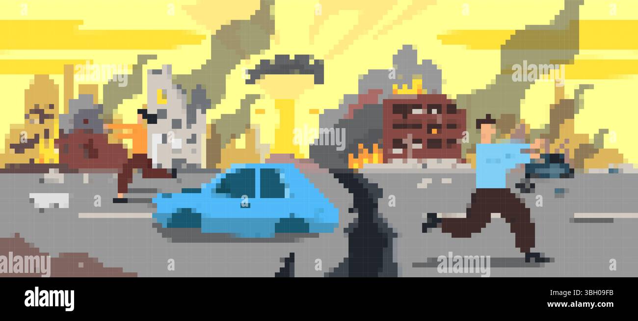 Mosaic pixel art scene with running figures and damaged buildings in ...