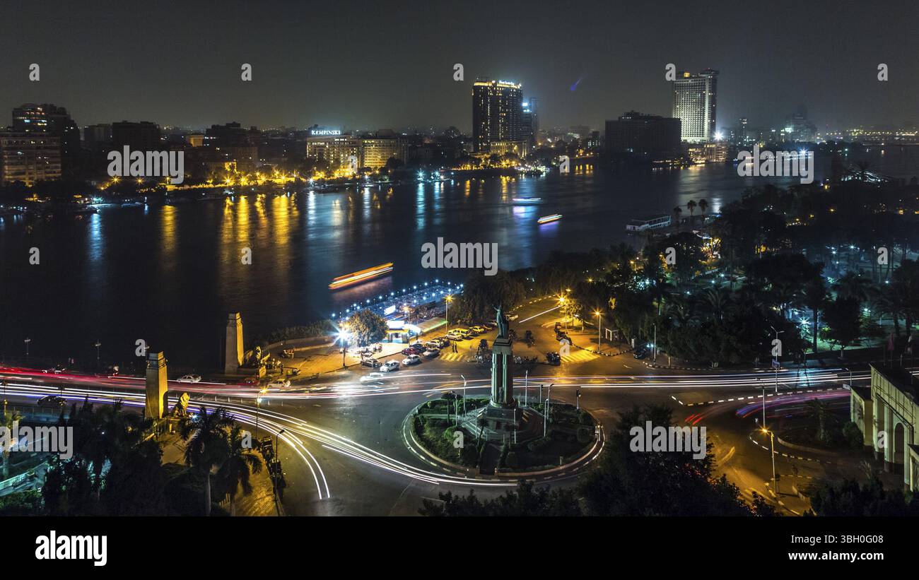 Aerial view of the city of Cairo along the Nile river, Cairo, Egypt ...