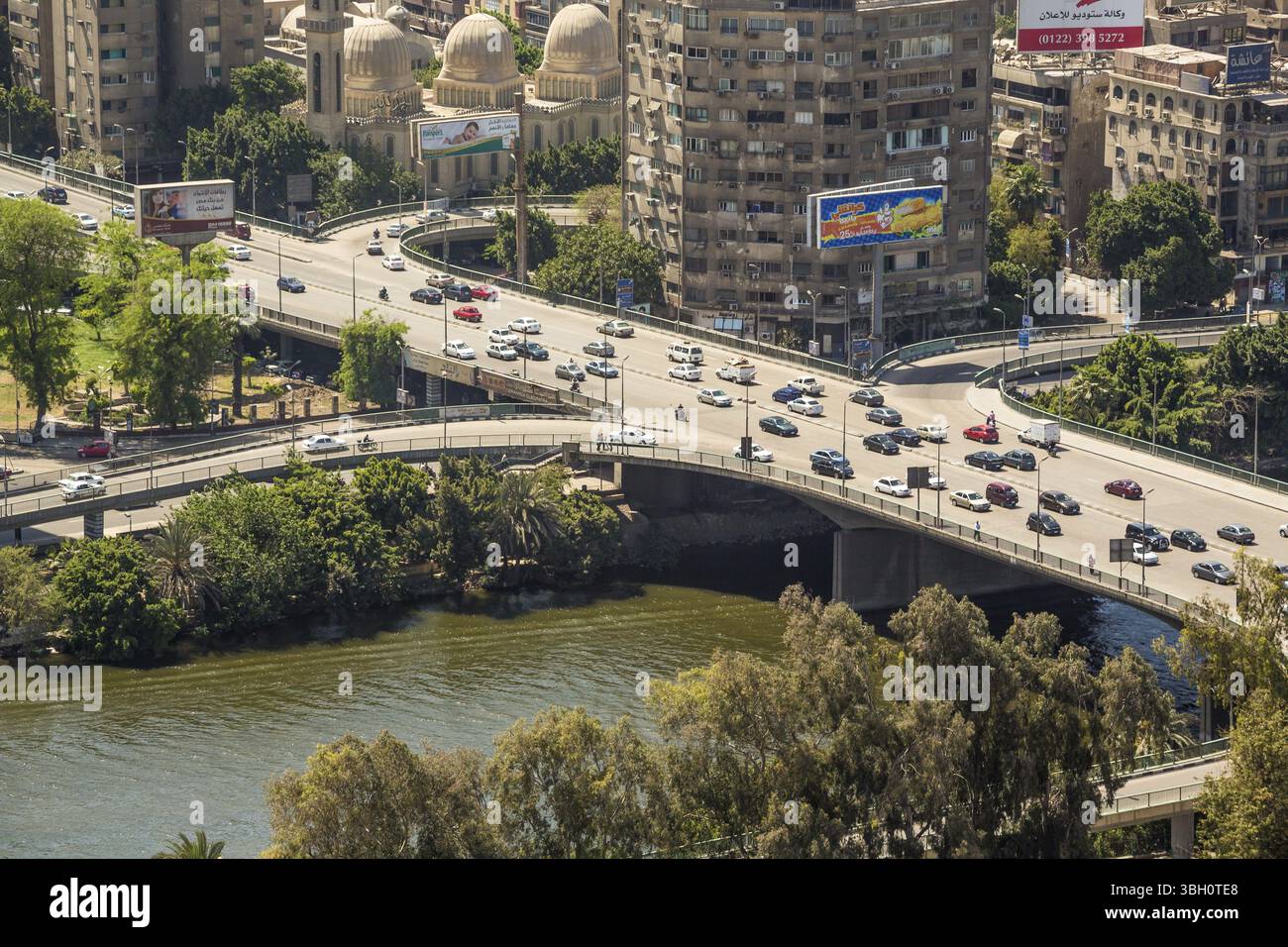 Aerial view of the downtown area of Cairo along the Nile River as ...
