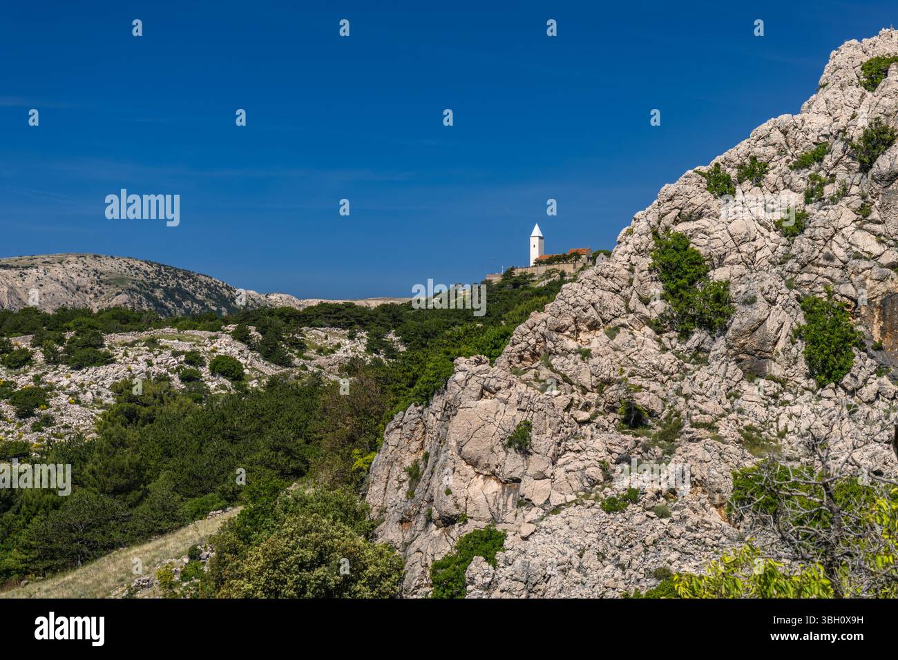 Hiking trail through the mountains from Baska to Vela Luka beach on the island of KRK Stock Photo