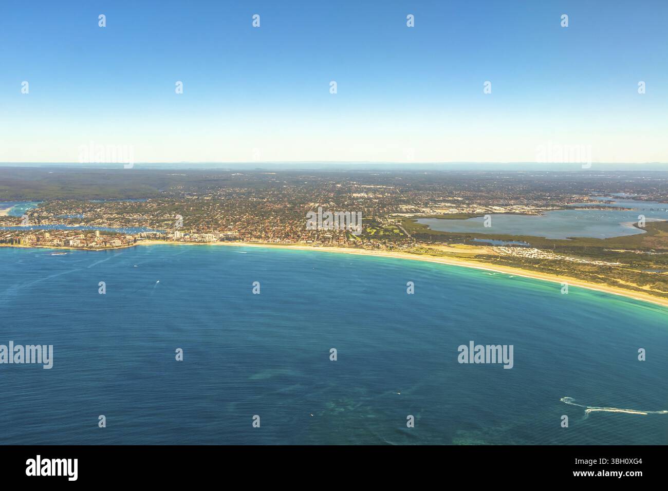 Aerial view of Bate Bay, Sydney, New South Wales, eastern Australia. The beaches of Cronulla: Wanda Beach, Elouera Beach, North Cronulla Beach, Cronul Stock Photo
