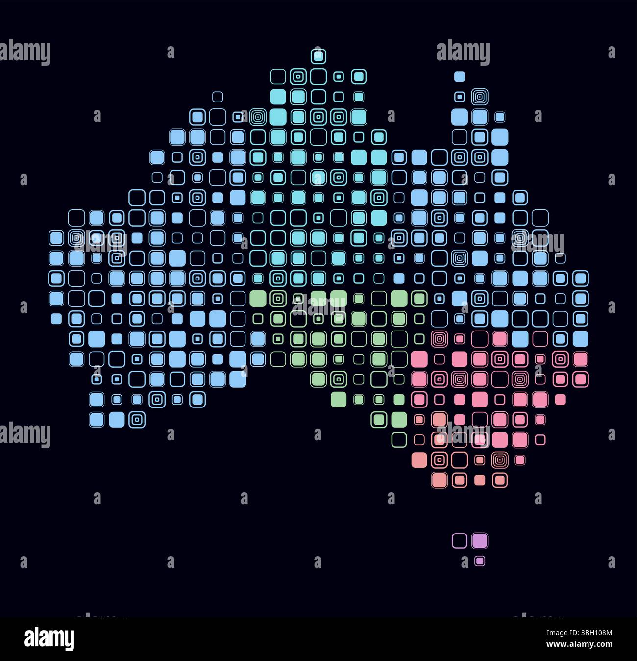 Australia, shape of the country built of colored cells. Digital style map of Australia on dark background. Large size rounded square blocks. Stock Vector