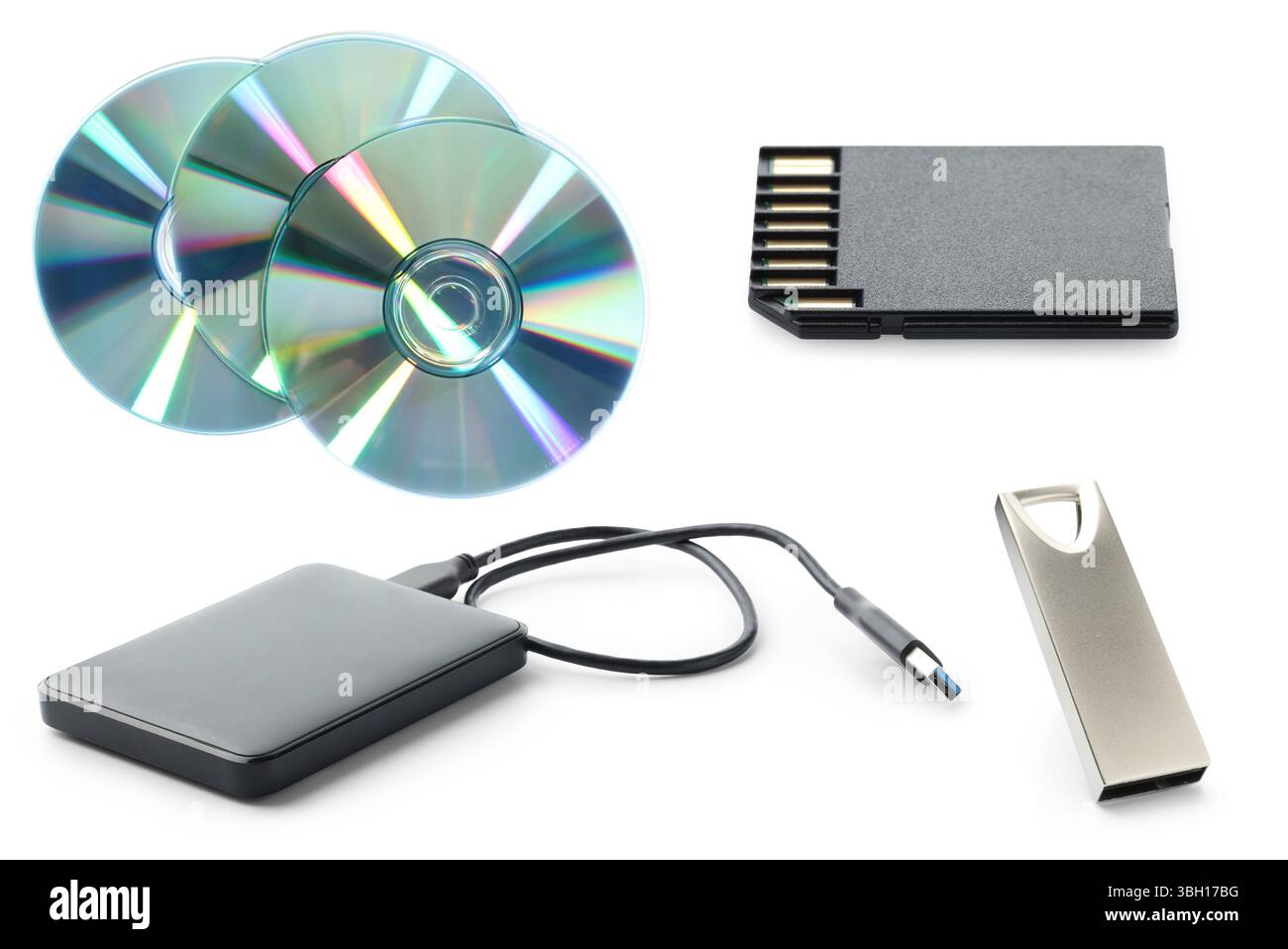 Different modern memory drives isolated on white, collage Stock Photo
