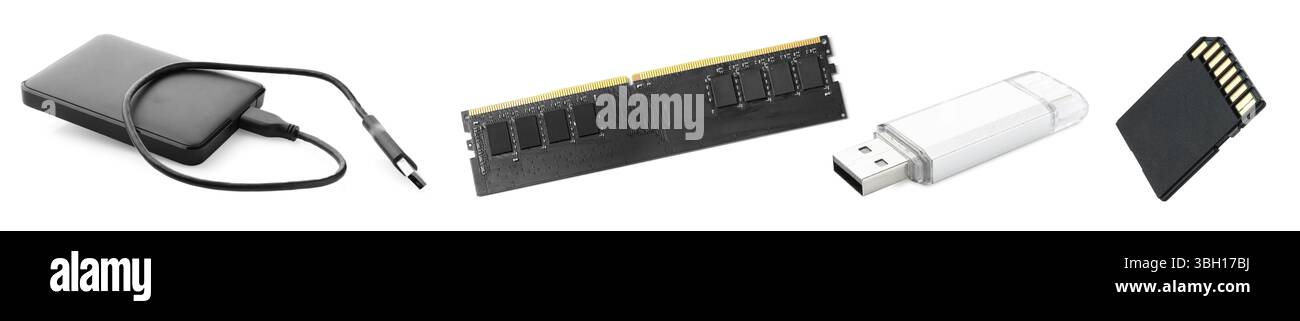 Different modern memory drives isolated on white, collage Stock Photo
