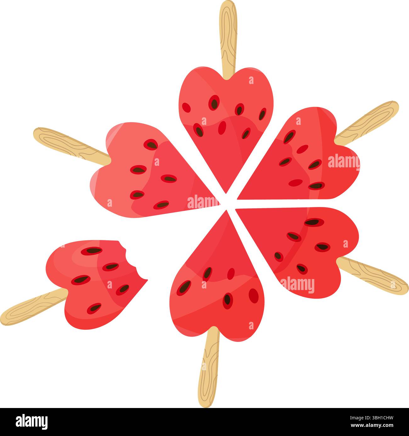 Heart shaped watermelon slices on sticks. Red watermelon. Hand drawn trendy flat style isolated icon on transparent background. three watermelon segments. For card, print, banner, packaging, label Stock Vector