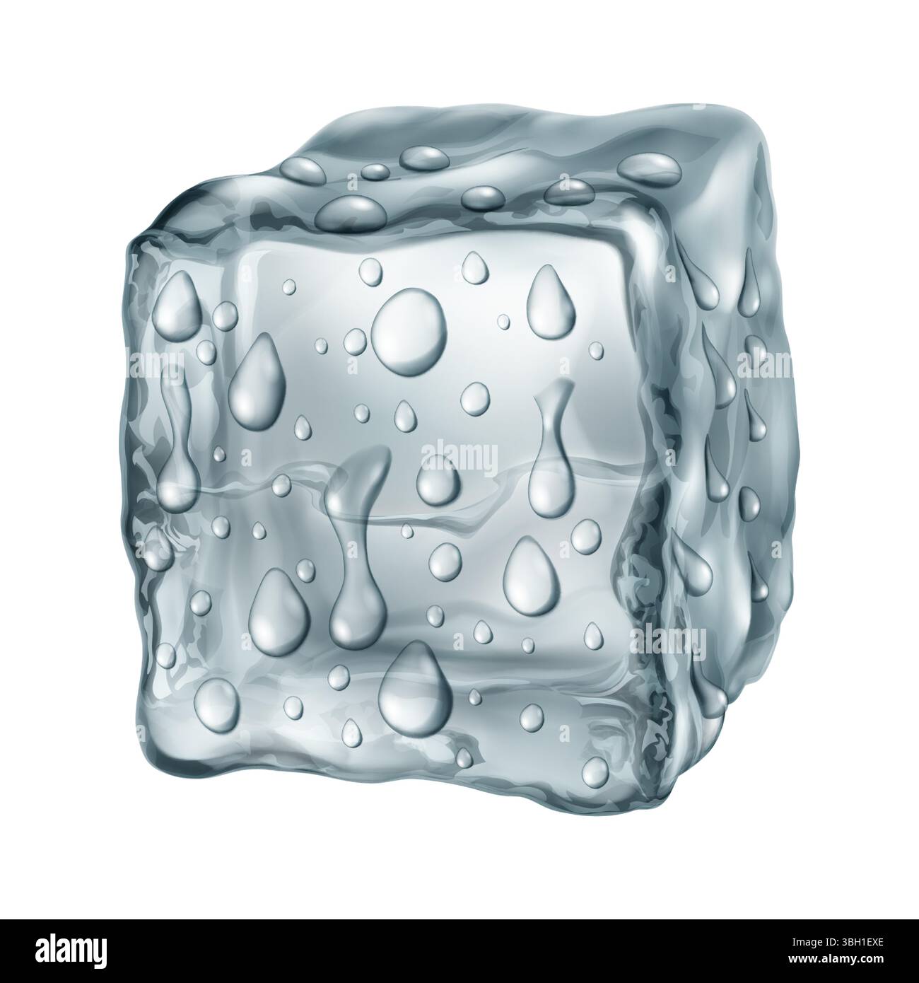 Realistic translucent ice cube in gray colors with water drops on its ...