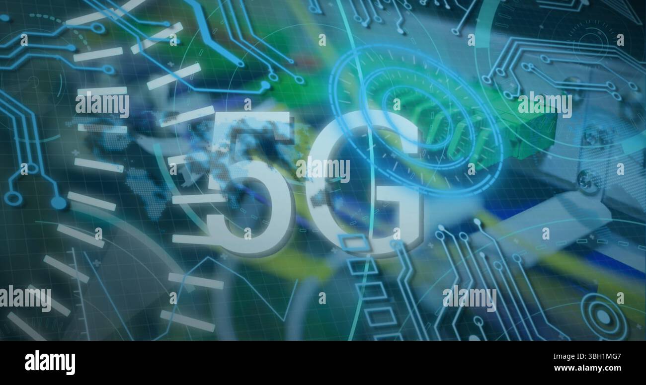 Displaying large 5G text in virtual network environment, with circuit traces and data flow arrows Stock Photo