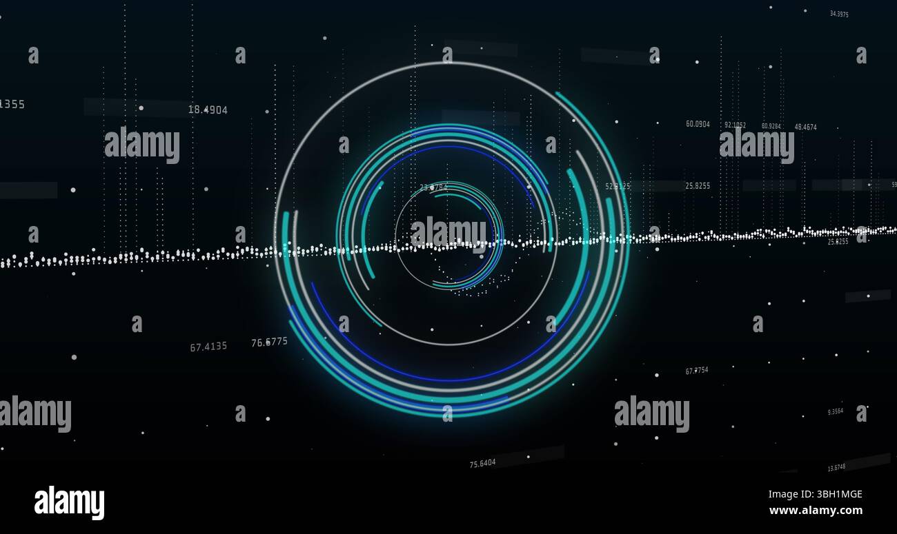 Image of neon round scanner over data processing against black background Stock Photo
