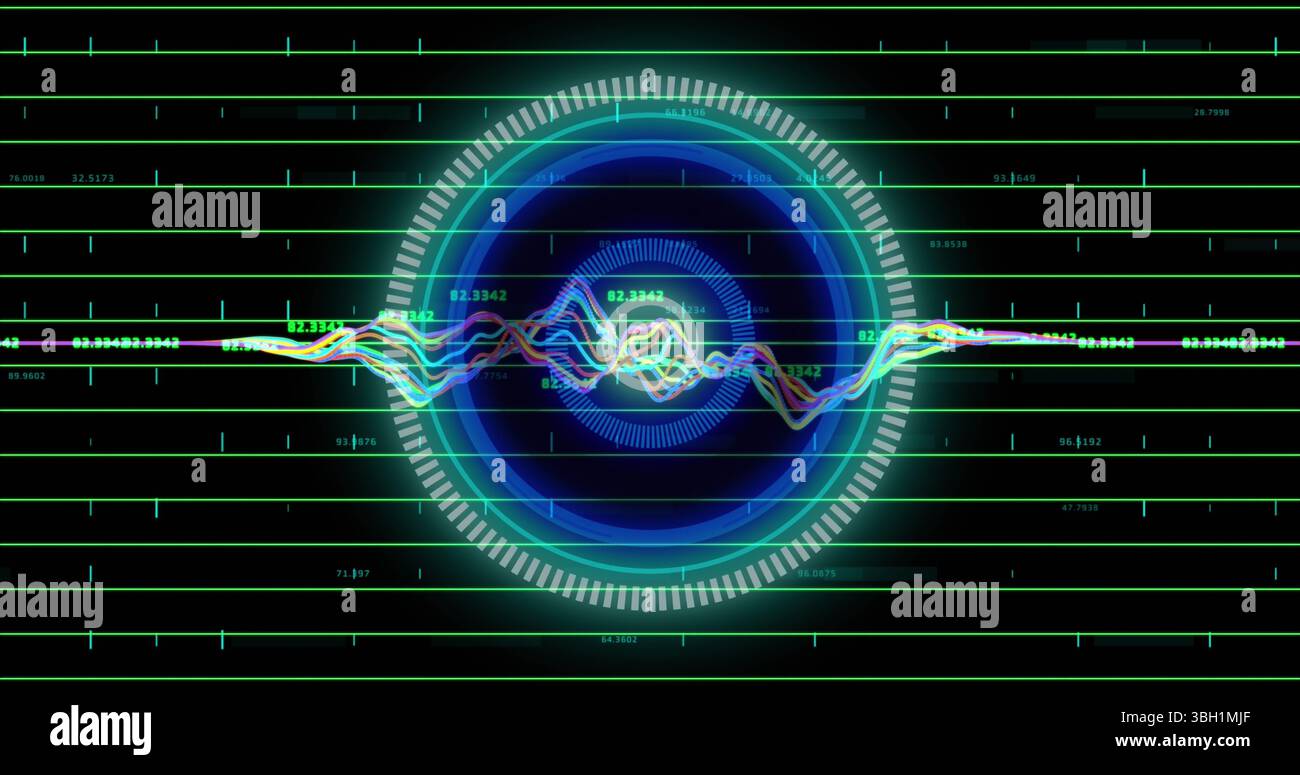 Image of neon round scanner over data processing against black background Stock Photo