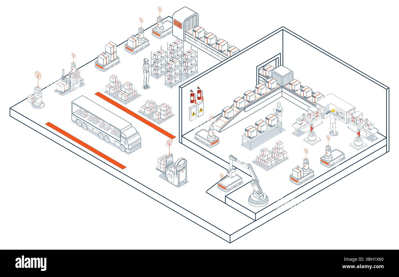 Smart logistics and automated warehouse operations, featuring AGVs and ...