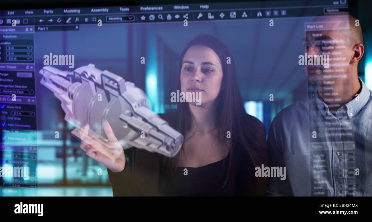 Young Female Engineer Uses Innovative 3D Software To Design Aircraft. Stock Photo