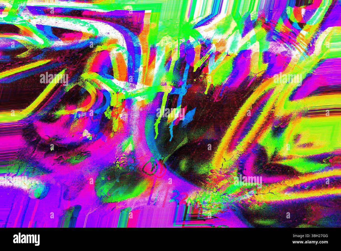 Vivid Acid Glitch Art in Neon Pink, Green, Yellow for 90s, Y2K