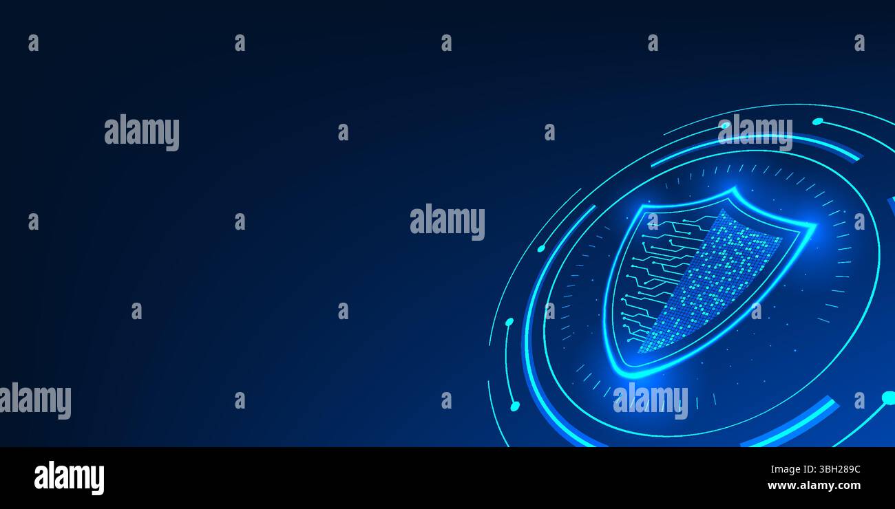 Cybersecurity technology, a shield integrated with technology circuits, effectively protects digital data from viruses and data theft with a security Stock Vector