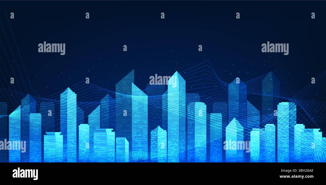 Smart city technology, which is connected with digital data, represents the use of smart city technology to manage and develop cities efficiently in t Stock Vector