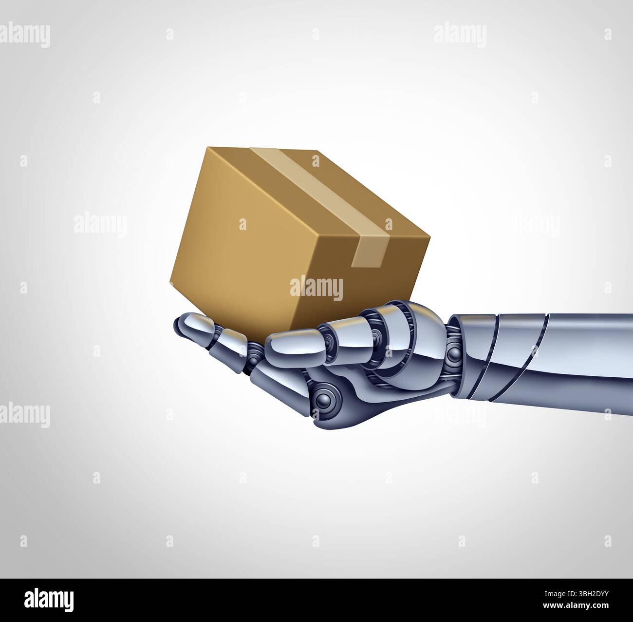 Robot Delivery Service and Robotic package distribution automation or cyborg courier delivering packages as Autonomous or AI artificial intelligence. Stock Photo