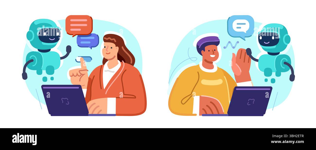 Virtual robot assistant, ai chatbot. Online help or support. Man using laptop works with artificial intelligence Stock Vector
