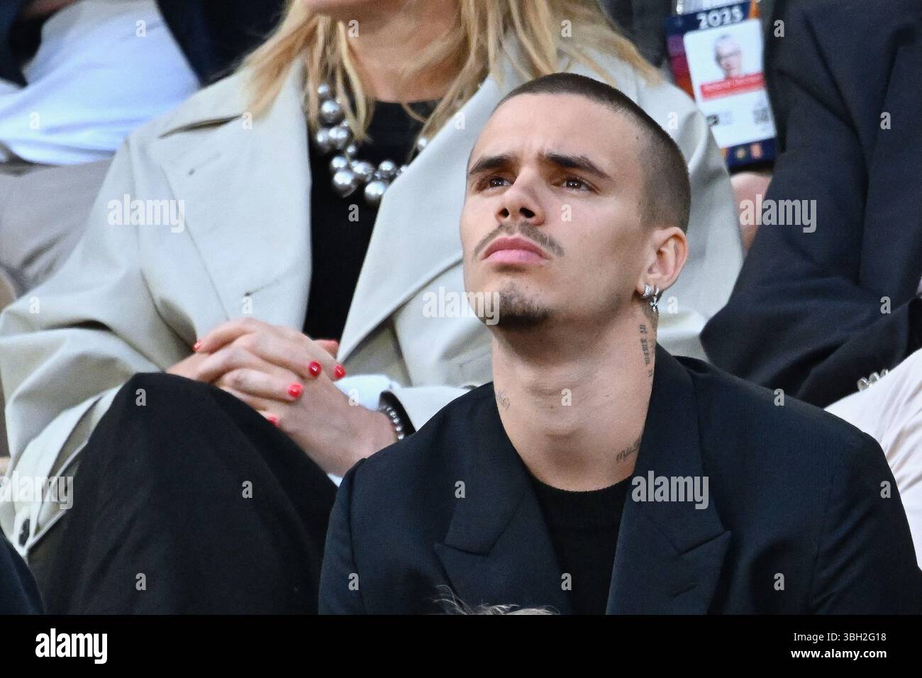 Romeo Beckham is seen in the stands during French Open at Roland Garros ...