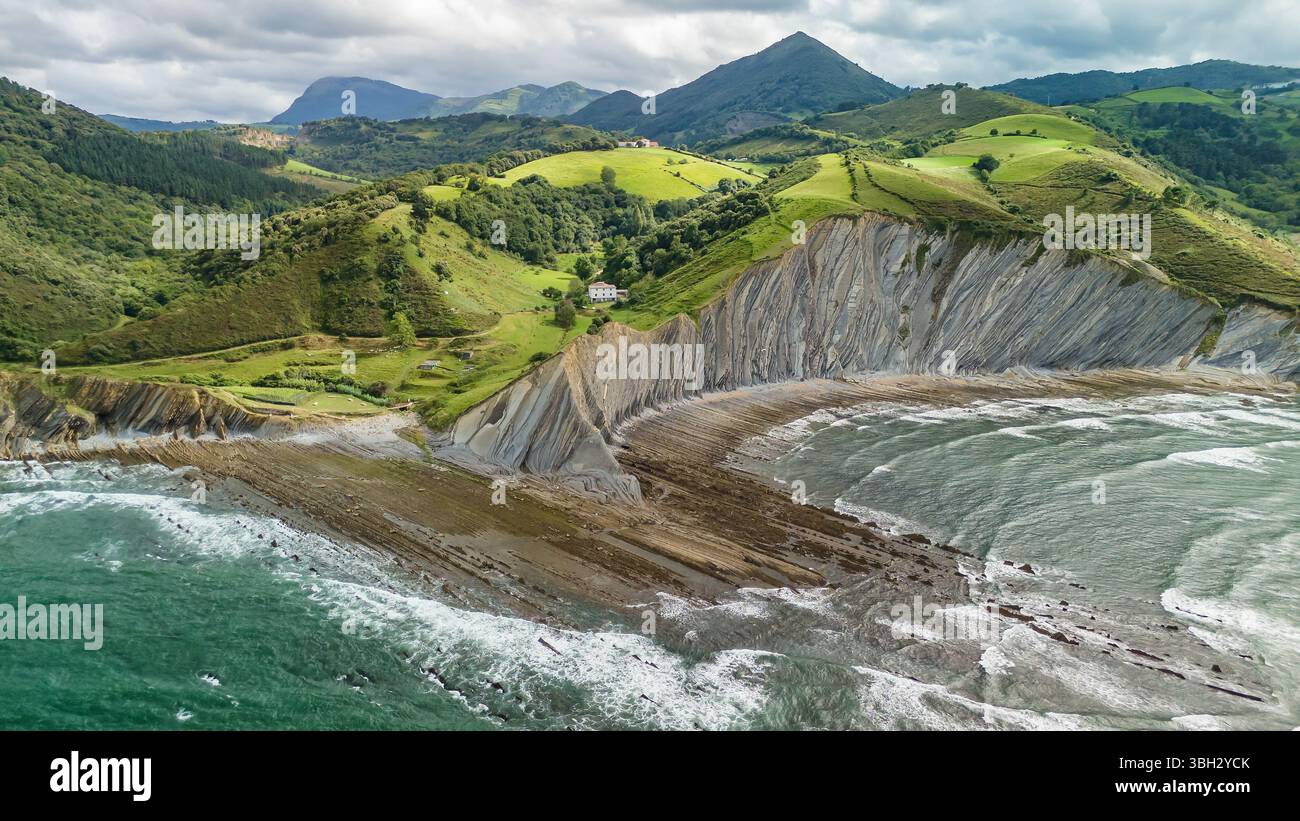 Playa Basque Aerial view of the beautiful Playa De Sakoneta beach, Basque country ...