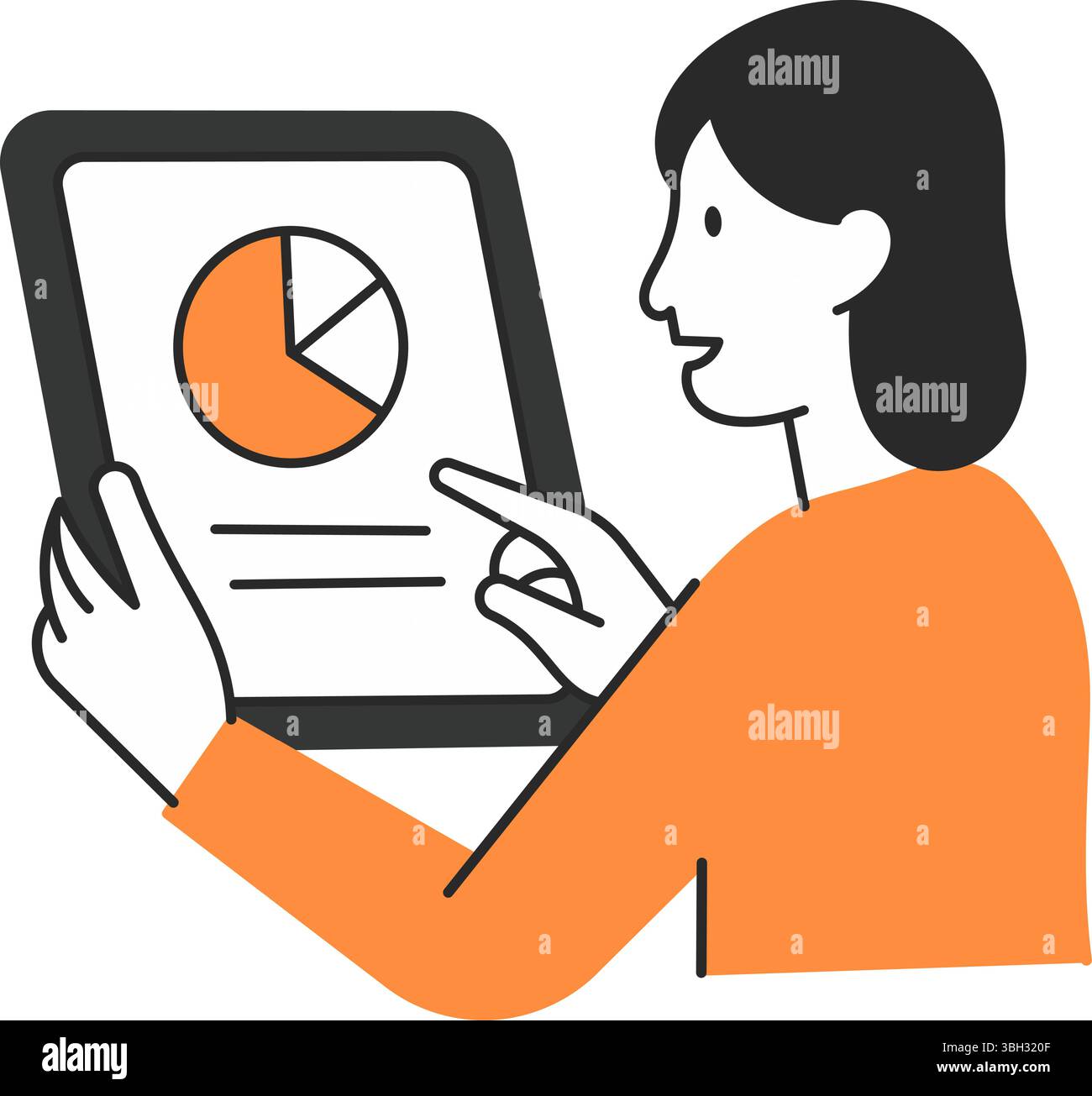 Tablet data visualization. Female user interpreting business insights through digital statistics. Stock Vector