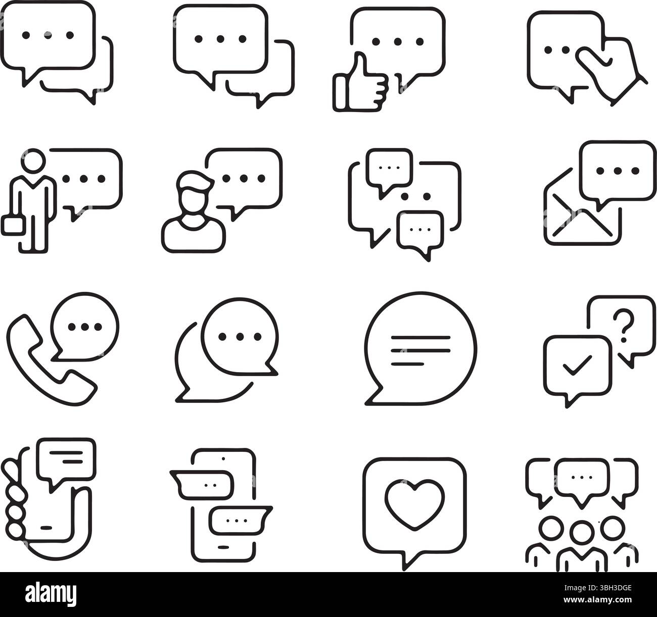 Thin line icon set chat speech bubbles. Concept of communication conversation messaging dialogue online chat texting commenting. Pixel perfect icons, Stock Vector