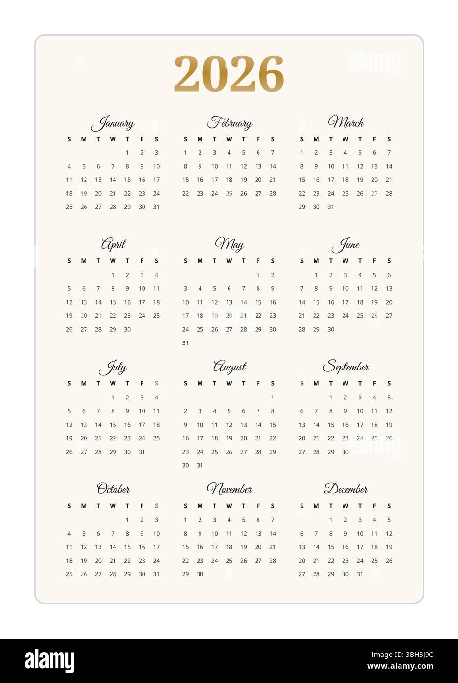 2026 year english modern vector calendar with 12 months (week starts ...