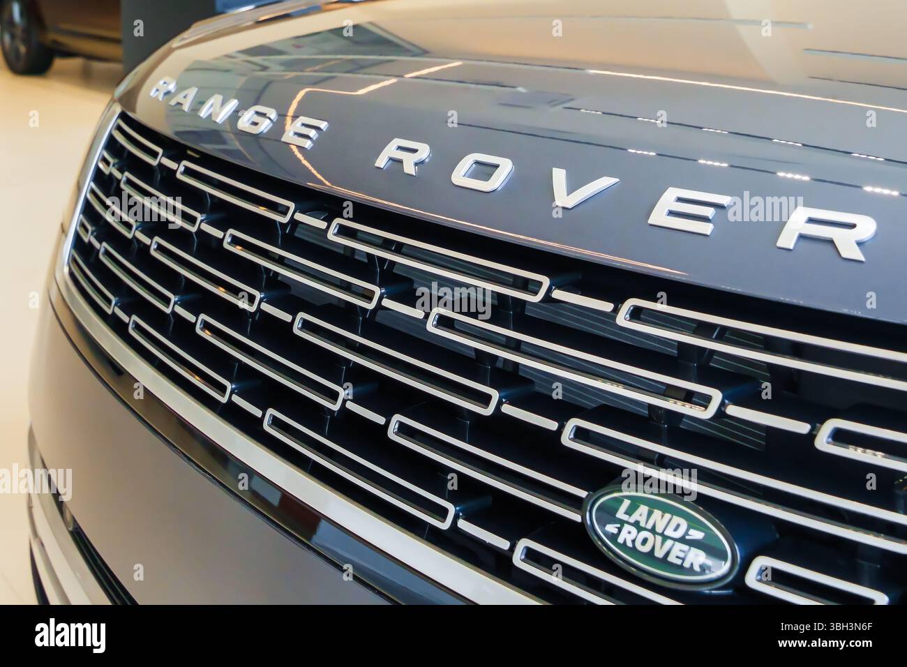 Almaty, Kazakhstan - May 29, 2025: Range Rover emblem on the hood of ...