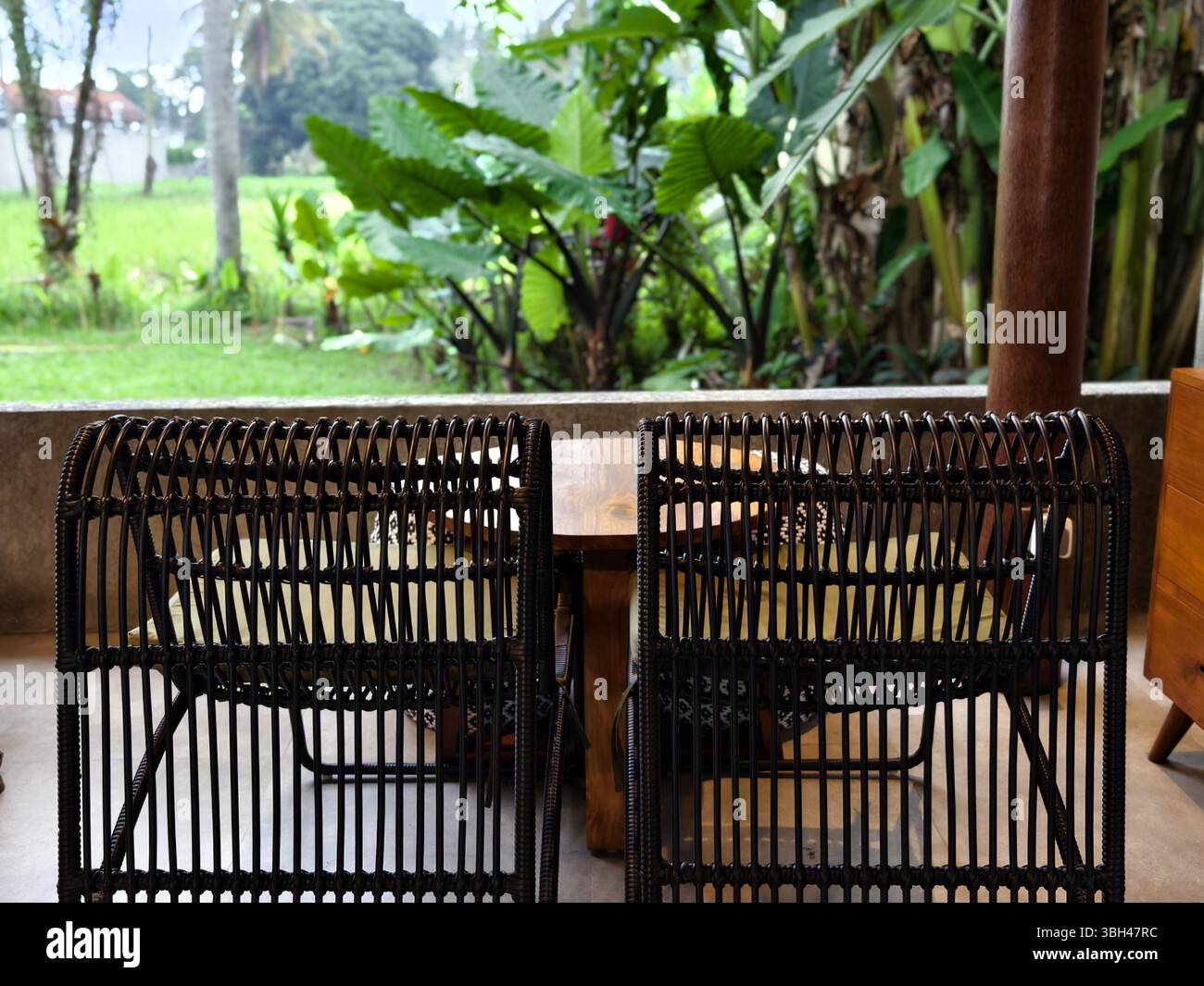 Two unique rattan chairs facing a wooden table on a patio, overlooking a lush green garden Stock Photo