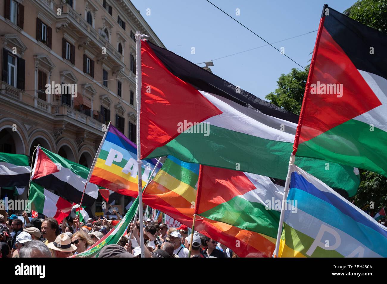 ROME, ITALY - 7 June 2025: Pro-Palestine demostration at Piazza Vittorio Emanuele II in Rome Stock Photo