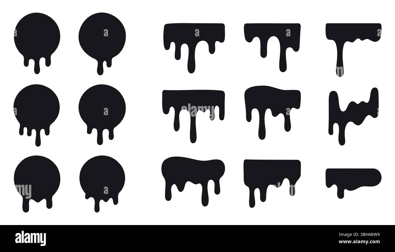 Dripping paint icon set. Current liquid. Paint flows. Melted circle logo. Current paint, stains. Current inks Stock Vector