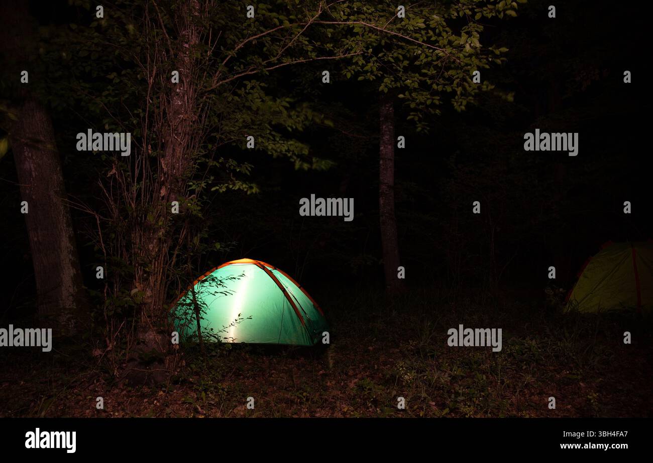 Glowing green tent at night in the forest Stock Photo - Alamy