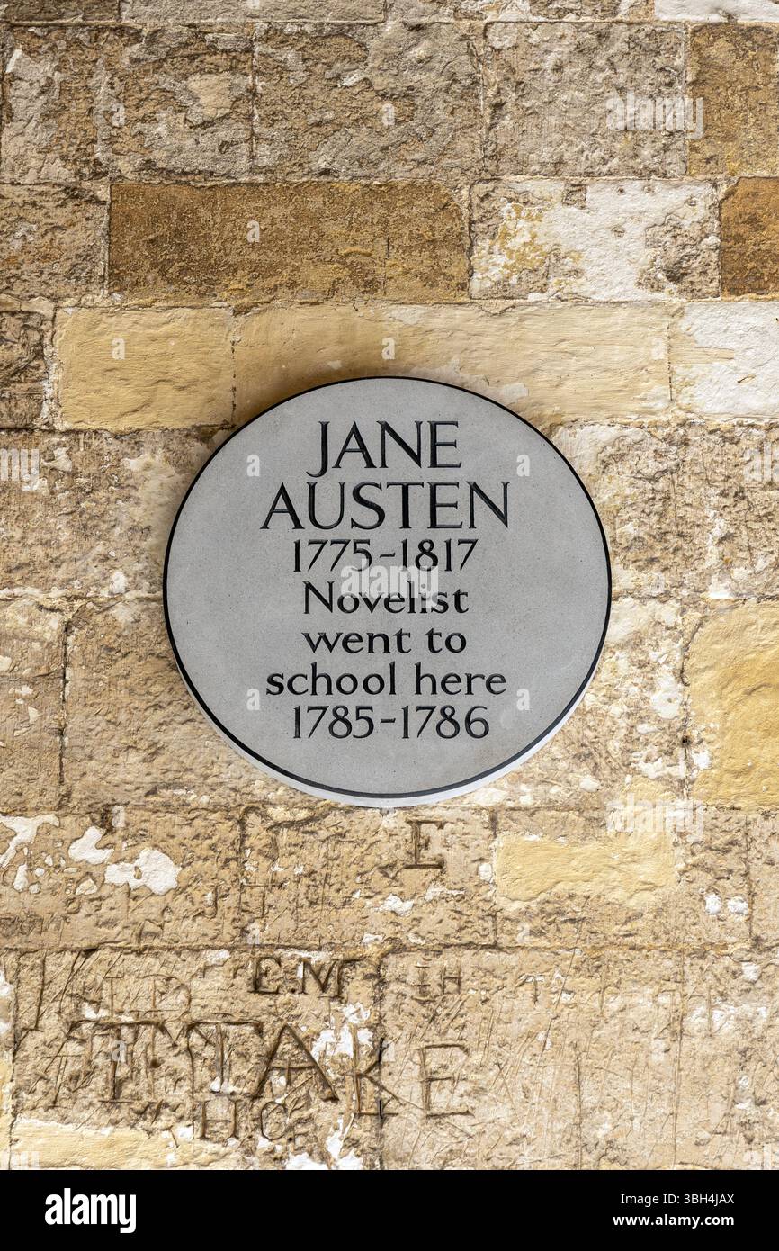 Plaque for Jane Austen's school location inside the Reading Abbey Gateway, Reading, Berkshire, England Stock Photo