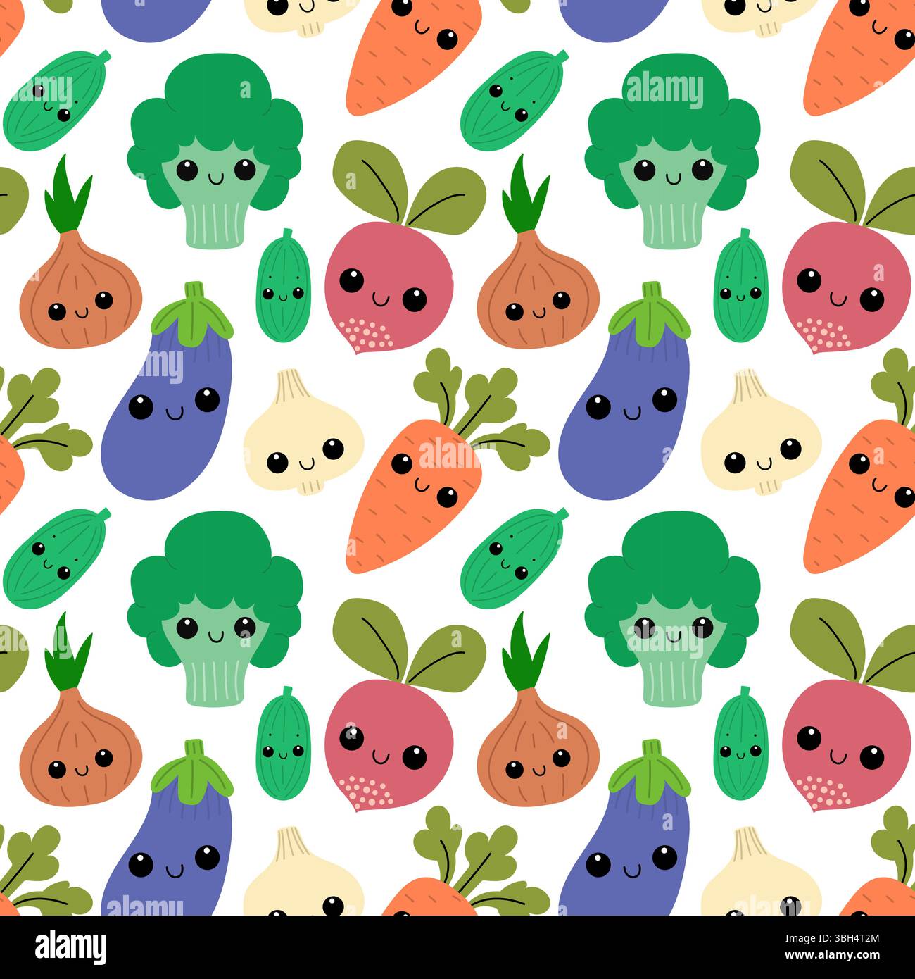 Seamless pattern with cute vegetables. Kawaii vegetables background Stock Vector