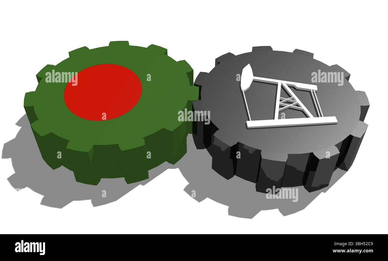 Cog wheels connection. Oil pump icon and Bangladesh flag on gears ...