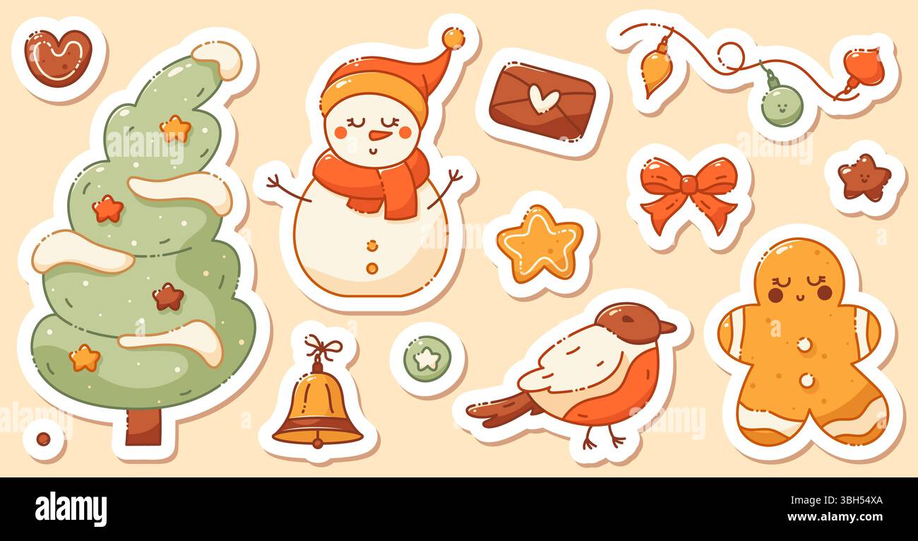 A set of stickers on a Christmas theme. Includes a cute snowman, xmas tree, bird, star, cookie, bell, envelope with a heart. Stock Vector
