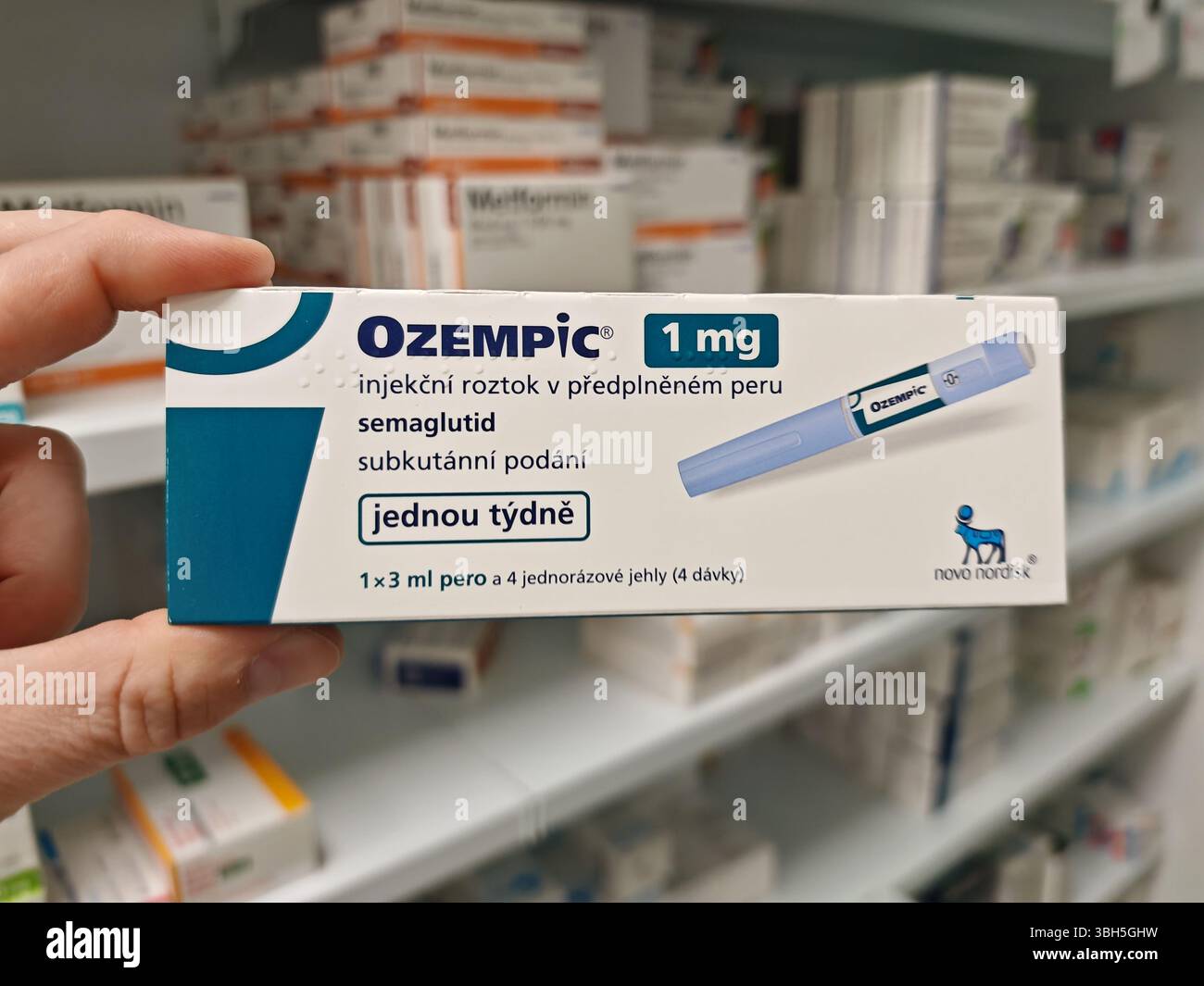 Prague,Czech Republic-April 8 2025: Ozempic pen with semaglutide used for  type 2 diabetes and blood sugar control, produced by Novo Nordisk Stock  Photo