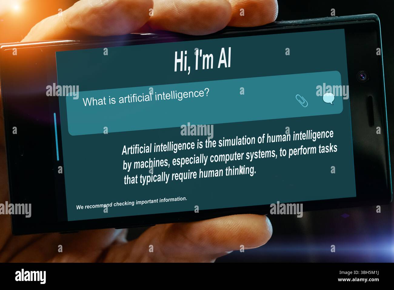 Question for AI on tablet screen. What is artificial intelligence? Stock Photo