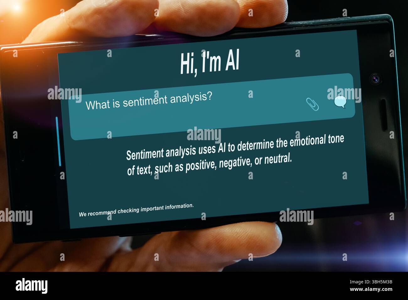 Question for AI on tablet screen. What is sentiment analysis? Stock Photo