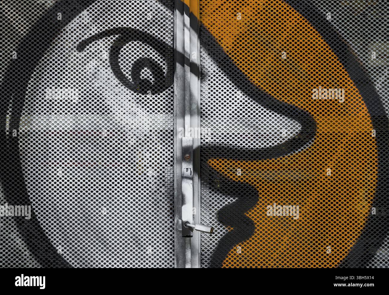 Sun / moon painted on iron door. Street art. Close-up Stock Photo