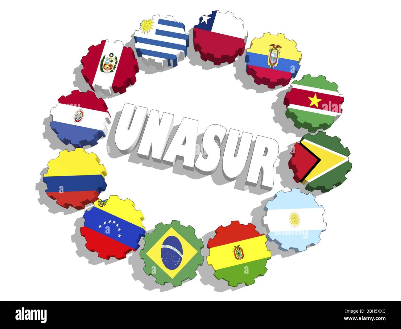 Union of South American Nations international union members flags on gears. 3D rendering Stock Photo