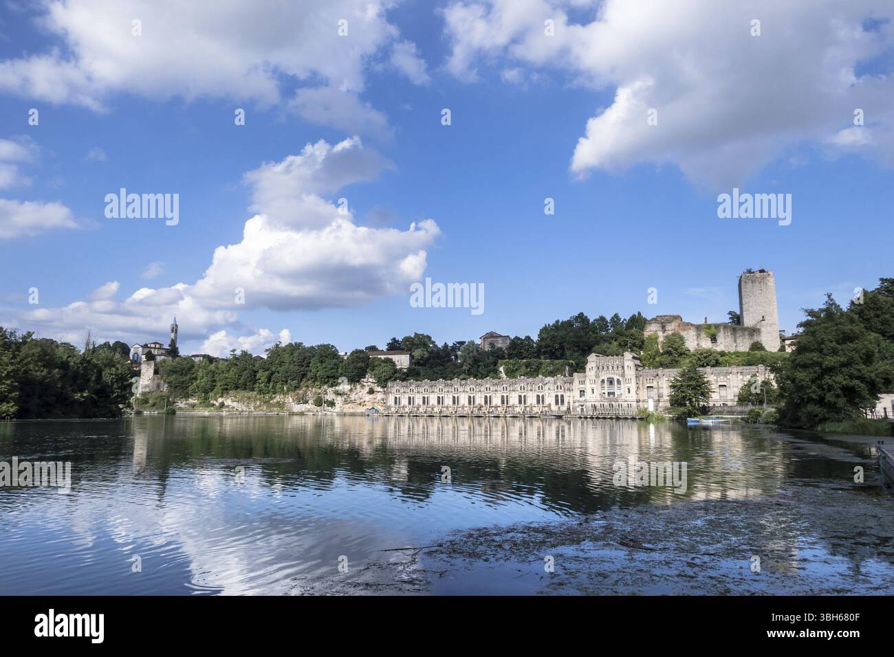 Taccani hydroelectric power plant and Visconteo Castle. Trezzo sull'Adda (MILAN), ITALY - July 21, 2018 Stock Photo