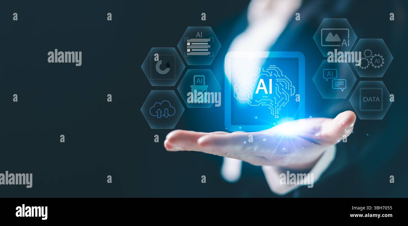 Artificial intelligence ecosystem concept showing digital brain connected icons symbolizing cloud computing data processing, machine learning, automat Stock Photo