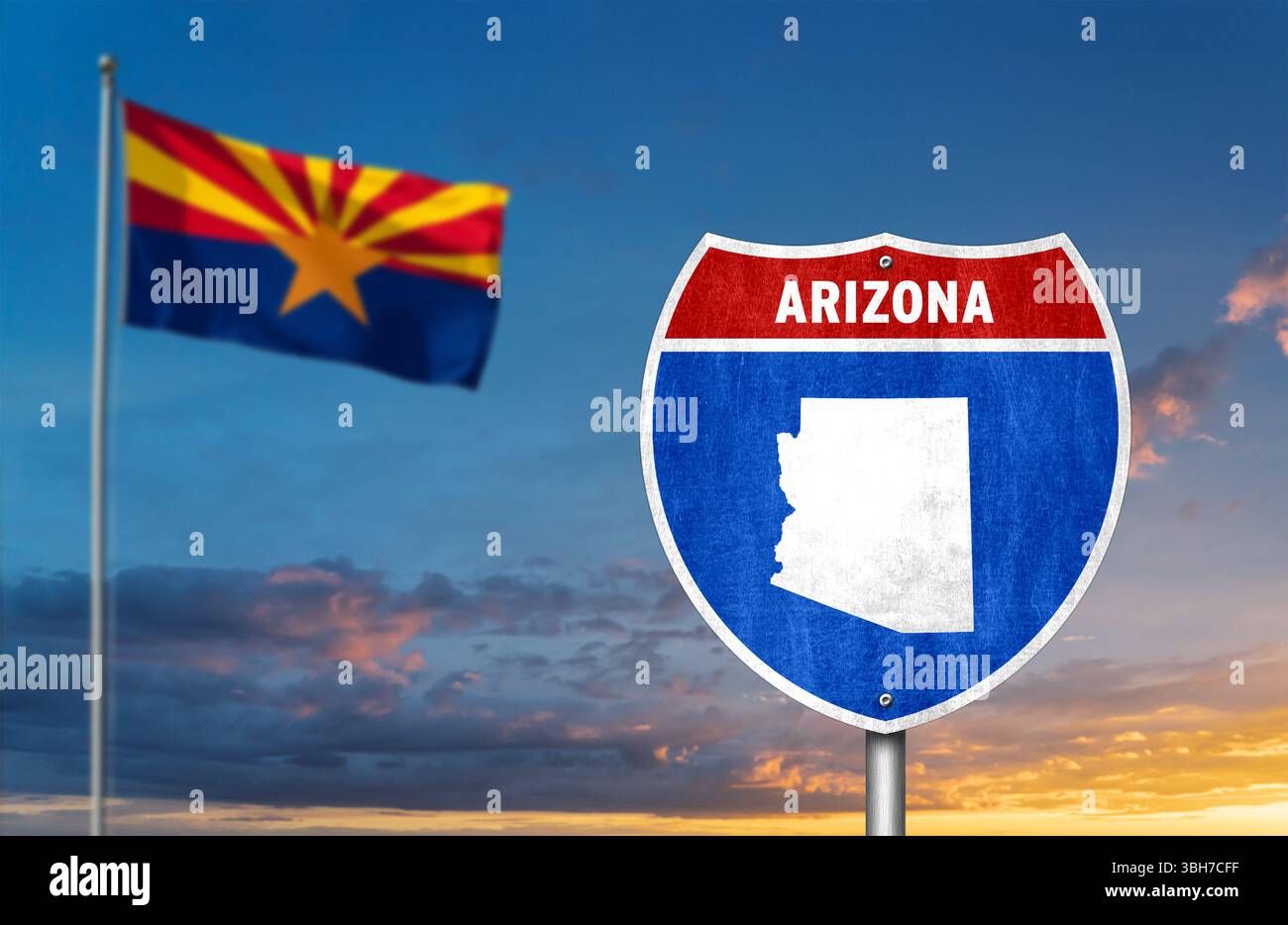 Interstate sign with flag of US State of Arizona Stock Photo - Alamy