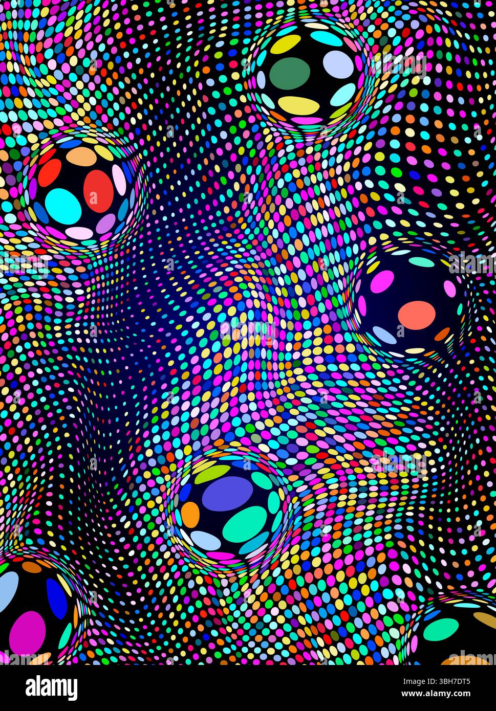 Colorful textured pattern with spheres and dots, creating an optical illusion. Stock Vector