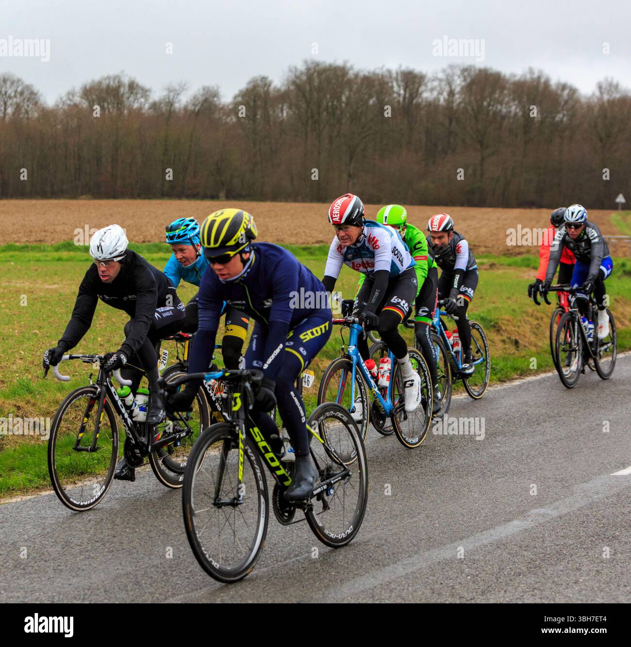 Chateau-Renard,France - March 06,2017: The peloton riding during the ...