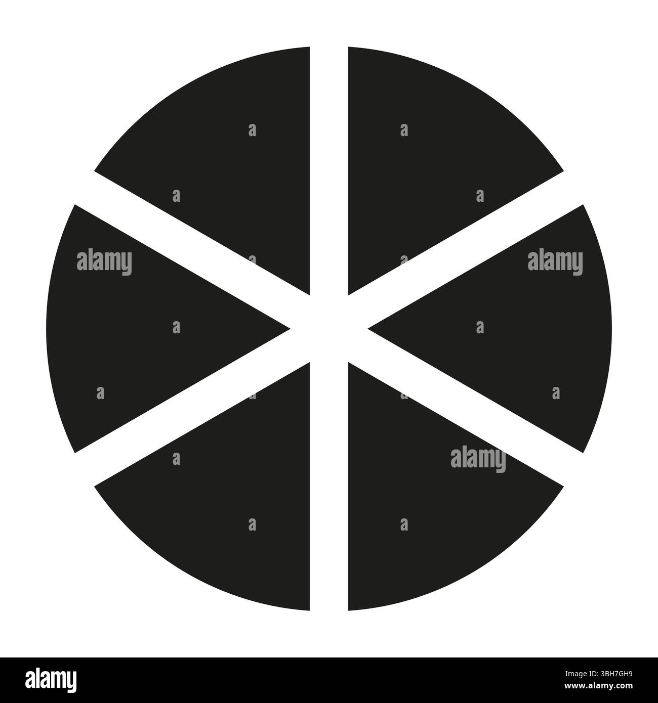 Circle division on a six equal parts simple icon. Wheel divided flat diagram with 6 segments. Infographic black round element. Coaching blank pattern. Stock Vector